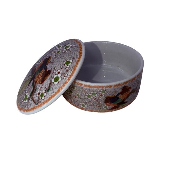 Vtg Japanese Porcelain Trinket Box with Birds & Blossoms Hand Painted Round Dish - Picture 5 of 8